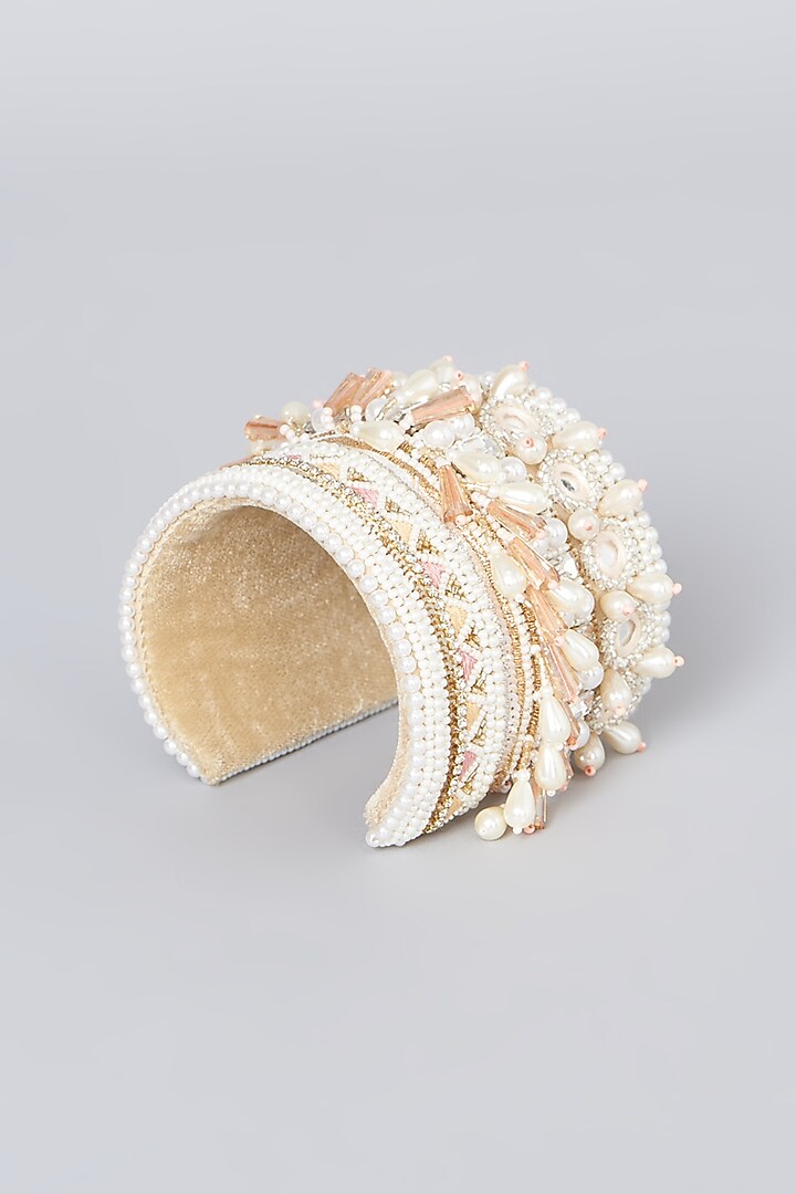 Ivory Hand Embroidered Handcuff by KnotMeCute at Pernia's Pop Up Shop