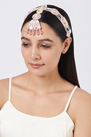 Pink Matha Patti With Mirror Work by KnotMeCute