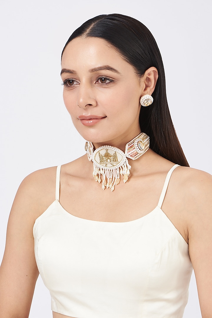 White Pearl Hand Embroidered Necklace Set by KnotMeCute at Pernia's Pop Up Shop