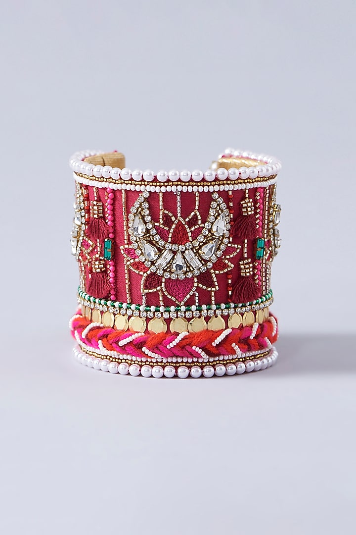 Rani Pink Hand Embroidered Cuff Bracelet by KnotMeCute at Pernia's Pop Up Shop
