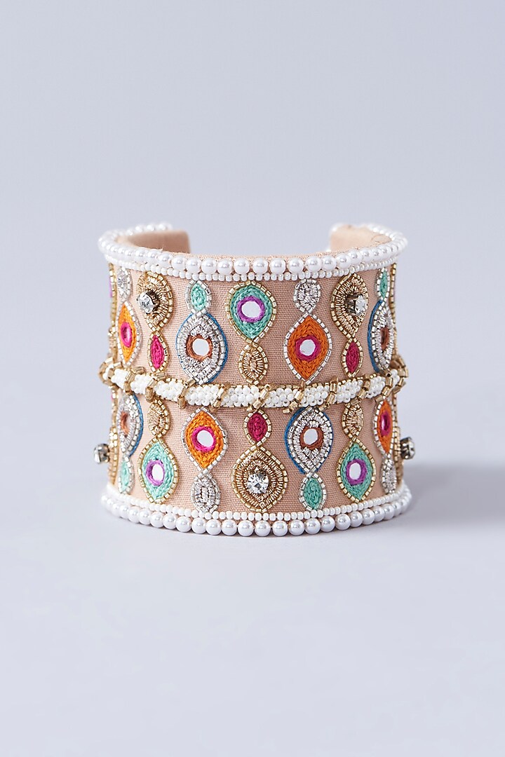 Beige Hand Embroidered Cuff Bracelet by KnotMeCute at Pernia's Pop Up Shop