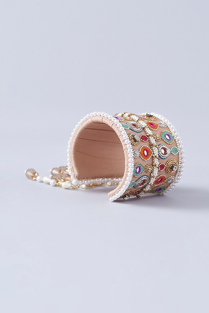 Beige Hand Embroidered Cuff Bracelet by KnotMeCute at Pernia's Pop Up Shop