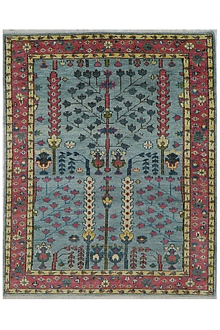 Pale Blue & Red Handspun New Zealand Wool Carpet by Knotty Rugs