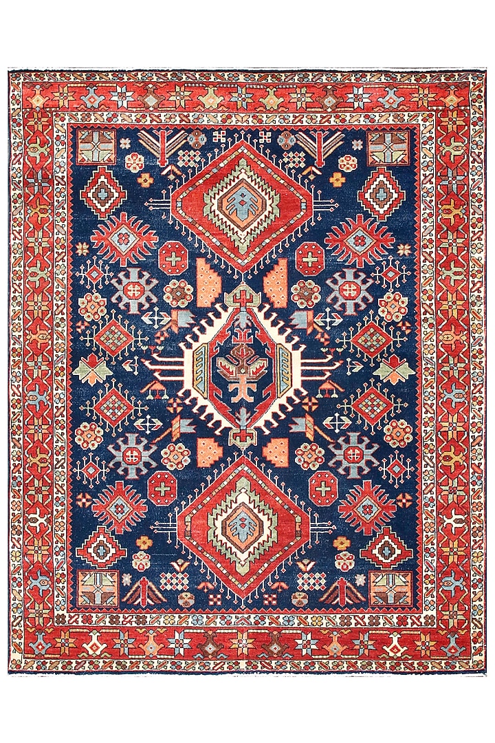 Bright Red & Navy Blue Hand-Knotted Carpet by Knotty Rugs at Pernia's Pop Up Shop