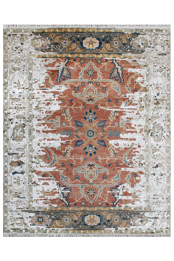 Off-White & Rust Red Hand-Knotted Carpet by Knotty Rugs