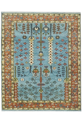 Pale Blue & Rust Red Hand-Knotted Carpet by Knotty Rugs