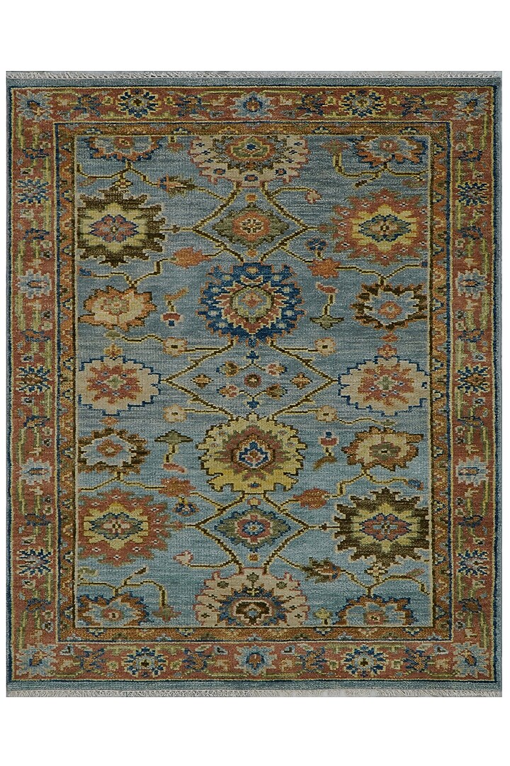 Rust Brown & Pale Blue Hand-Knotted Carpet by Knotty Rugs at Pernia's Pop Up Shop