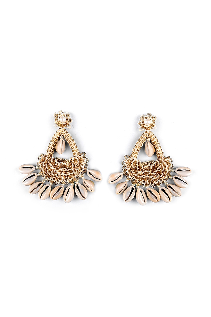 Gold Finish Pearl & Shell Earrings by KANYAADHAN BY DHIRAJAAYUSHI
