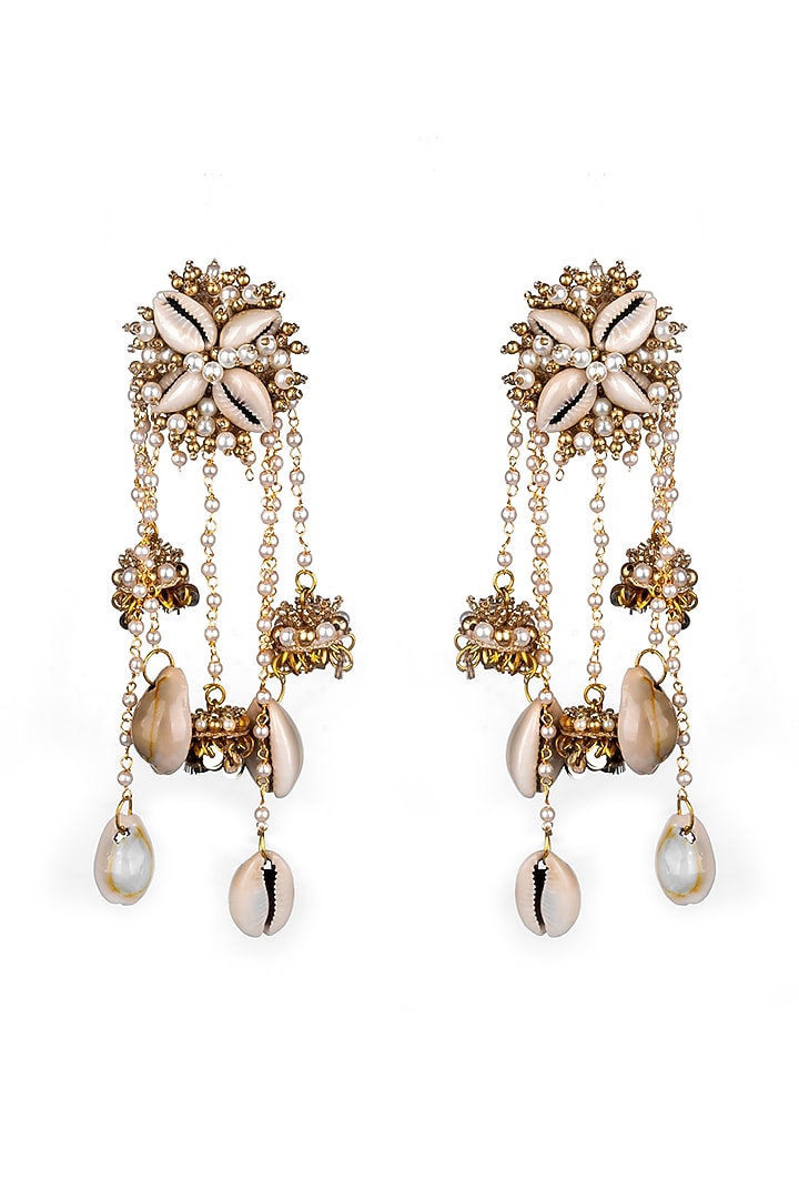 Gold Finish Pearl & Shell Dangler Earrings by KANYAADHAN BY DHIRAJAAYUSHI at Pernia's Pop Up Shop