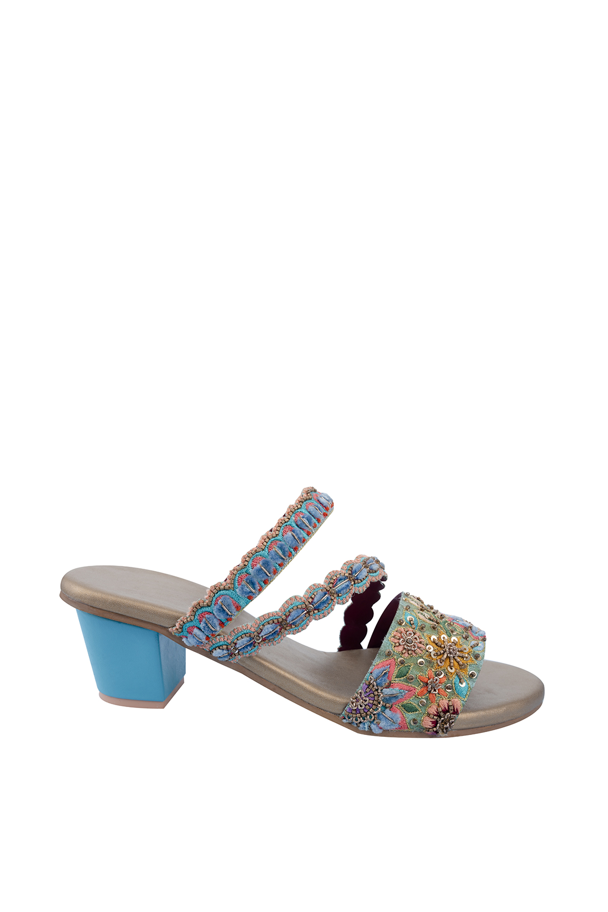 Multi-Colored Hand Embroidered Block Heels by KANYAADHAN BY DHIRAJAAYUSHI at Pernia's Pop Up Shop