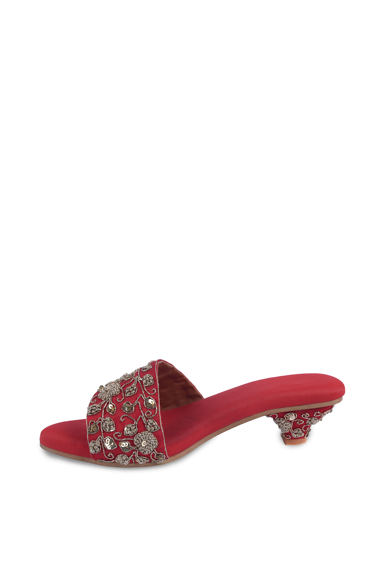 Red Block Heels With Hand Embroidery by KANYAADHAN BY DHIRAJAAYUSHI at Pernia's Pop Up Shop