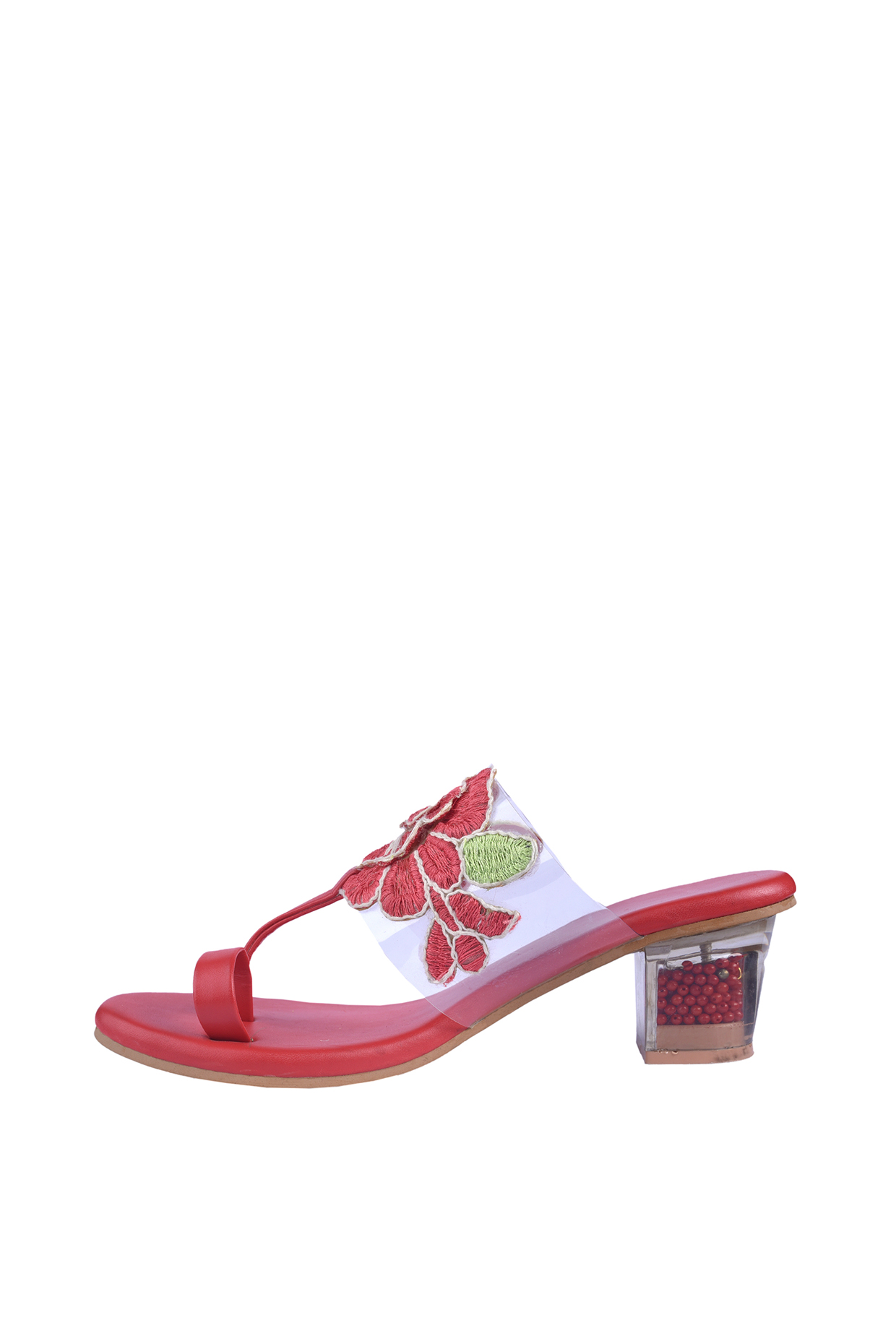 Red Hand Embroidered Block Heels by KANYAADHAN BY DHIRAJAAYUSHI at Pernia's Pop Up Shop