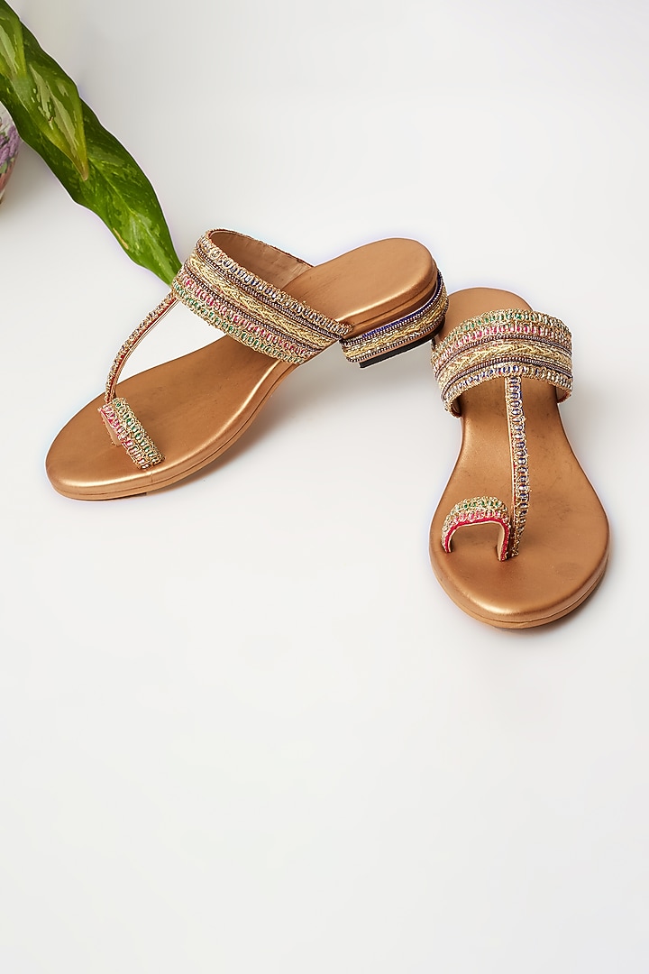 Beige Hand Embroidered Flats by KANYAADHAN BY DHIRAJAAYUSHI at Pernia's Pop Up Shop