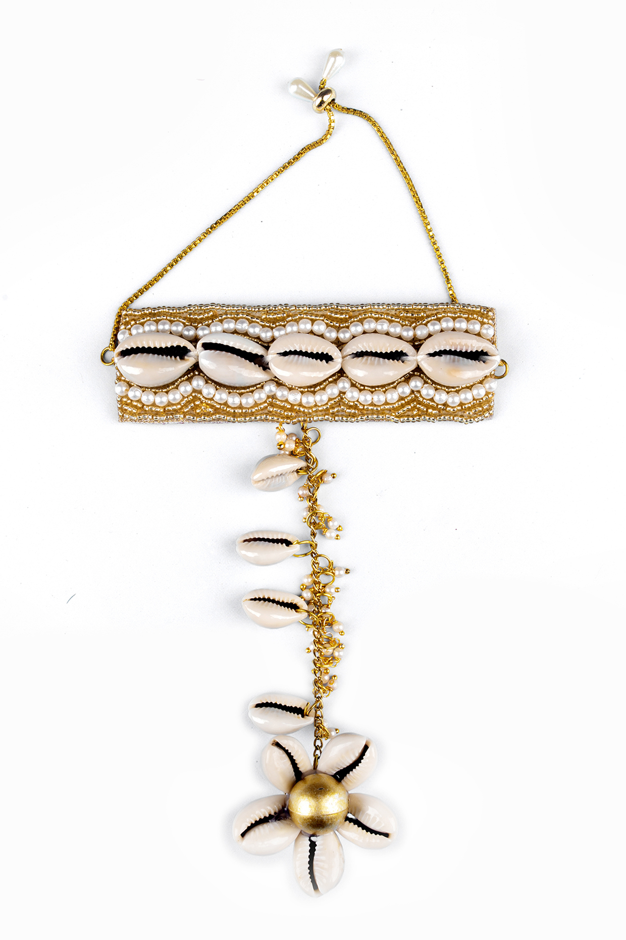 Gold Finish Pearl & Shell Handharnesses (Set of 2) by KANYAADHAN BY DHIRAJAAYUSHI at Pernia's Pop Up Shop