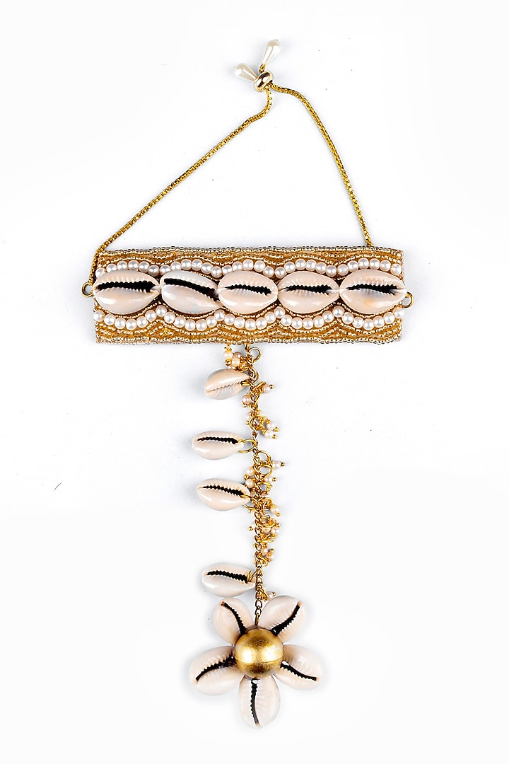 Gold Finish Pearl & Shell Handharnesses (Set of 2) by KANYAADHAN BY DHIRAJAAYUSHI at Pernia's Pop Up Shop
