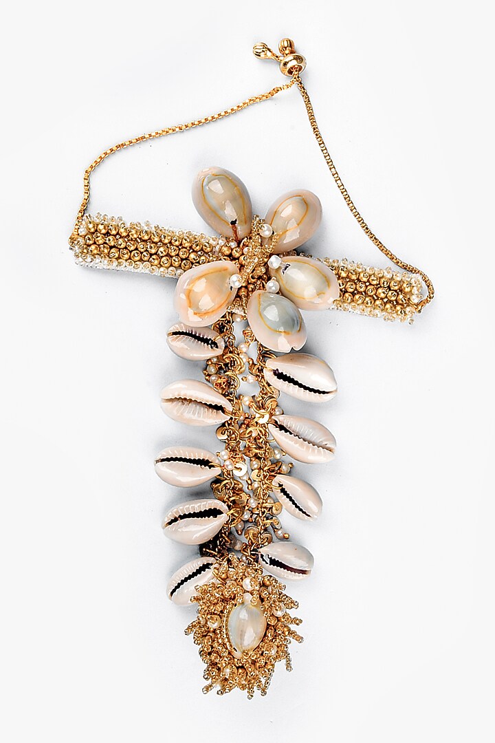 Gold Finish Pearl & Shell Handharnesses (Set of 2) by KANYAADHAN BY DHIRAJAAYUSHI at Pernia's Pop Up Shop