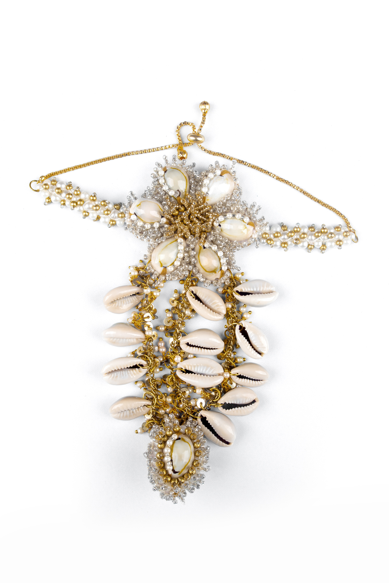 Gold Finish Pearl & Shell Handharnesses (Set of 2) by KANYAADHAN BY DHIRAJAAYUSHI at Pernia's Pop Up Shop