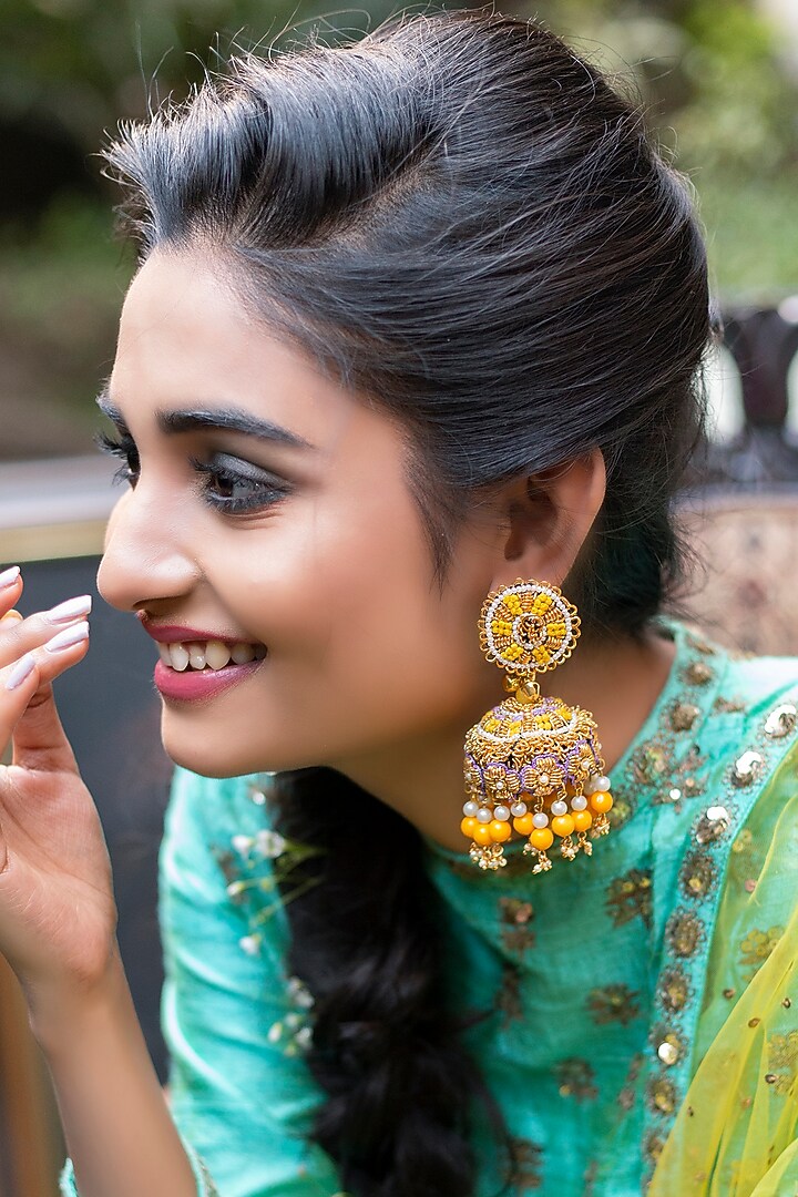 Gold Finish Hand Embroidered Dangler Earrings by KANYAADHAN BY DHIRAJAAYUSHI at Pernia's Pop Up Shop