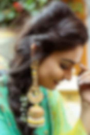 Gold Finish Dangler Earrings With Moti Embroidery by KANYAADHAN BY DHIRAJAAYUSHI at Pernia's Pop Up Shop