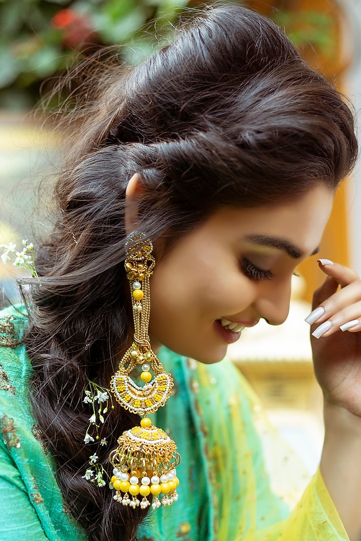 Gold Finish Dangler Earrings With Moti Embroidery by KANYAADHAN BY DHIRAJAAYUSHI at Pernia's Pop Up Shop