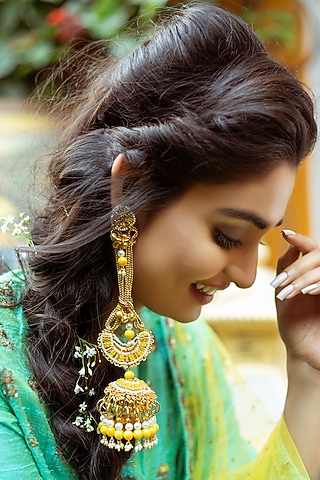 Gold Finish Dangler Earrings With Moti Embroidery by KANYAADHAN BY DHIRAJAAYUSHI