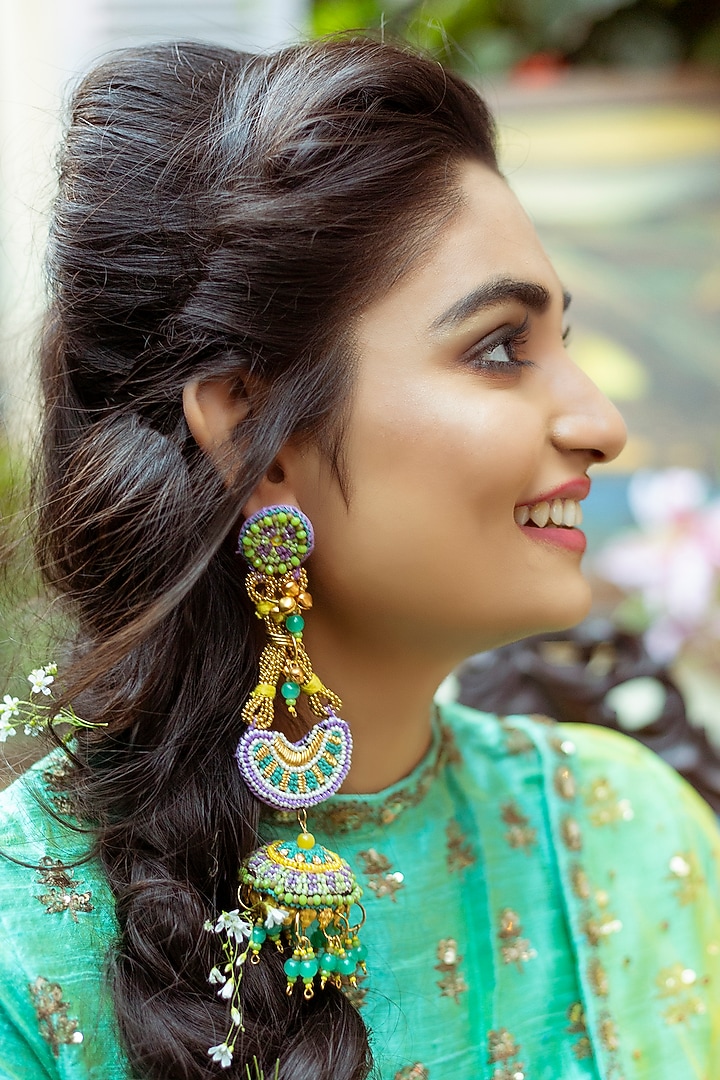 Gold Finish Dangler Earrings With Dabka Embroidery by KANYAADHAN BY DHIRAJAAYUSHI at Pernia's Pop Up Shop