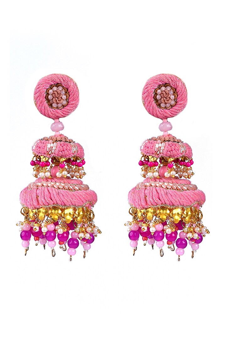 Gold Finish Dangler Earrings With Tikki Embroidery by KANYAADHAN BY DHIRAJAAYUSHI at Pernia's Pop Up Shop