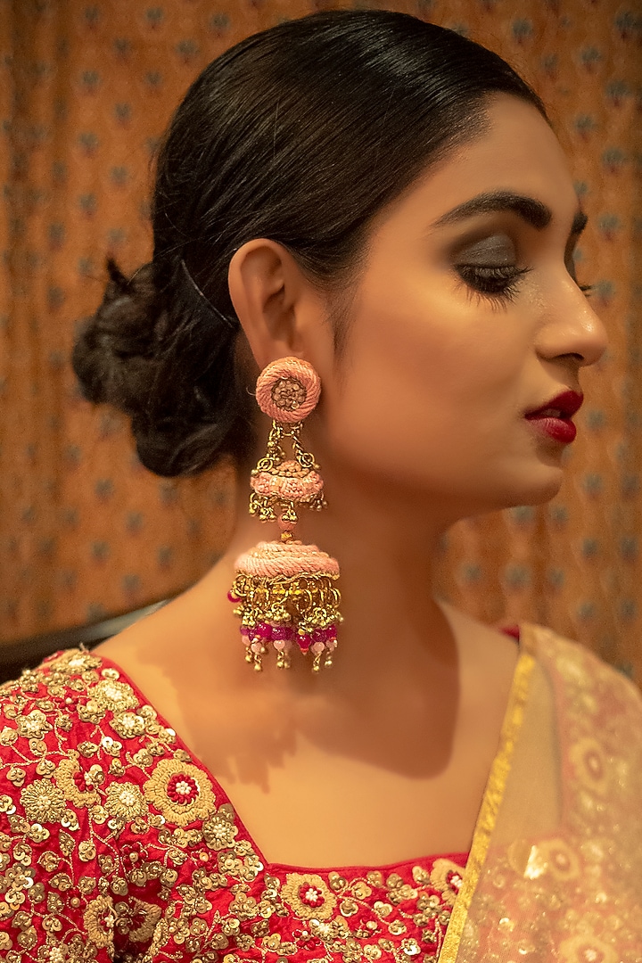 Gold Finish Dangler Earrings With Tikki Embroidery by KANYAADHAN BY DHIRAJAAYUSHI at Pernia's Pop Up Shop