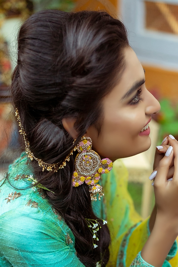 Gold Finish Dangler Earrings With Mukaish Embroidery by KANYAADHAN BY DHIRAJAAYUSHI at Pernia's Pop Up Shop