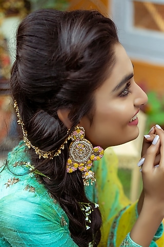 Gold Finish Dangler Earrings With Mukaish Embroidery by KANYAADHAN BY DHIRAJAAYUSHI
