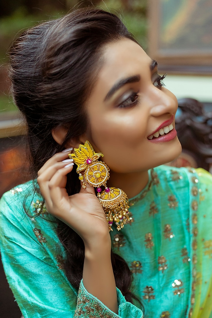 Gold Finish Dangler Earrings With Mukaish Embroidery by KANYAADHAN BY DHIRAJAAYUSHI at Pernia's Pop Up Shop