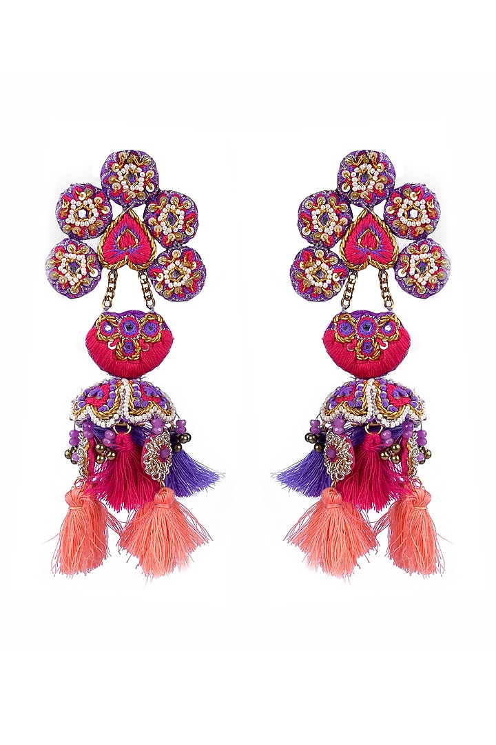 Gold Finish Dangler Earrings With Moti Embroidery by KANYAADHAN BY DHIRAJAAYUSHI at Pernia's Pop Up Shop