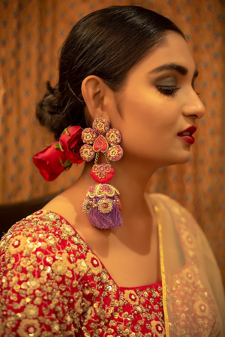 Gold Finish Dangler Earrings With Moti Embroidery by KANYAADHAN BY DHIRAJAAYUSHI at Pernia's Pop Up Shop