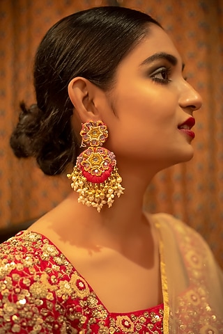 Gold Finish Dangler Earrings With Abla Embroidery by KANYAADHAN BY DHIRAJAAYUSHI
