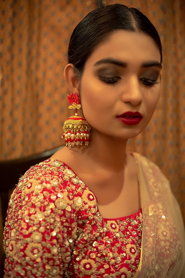 Gold Finish Dabka Embroidered Dangler Earrings by KANYAADHAN BY DHIRAJAAYUSHI at Pernia's Pop Up Shop