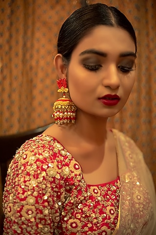 Gold Finish Dabka Embroidered Dangler Earrings by KANYAADHAN BY DHIRAJAAYUSHI