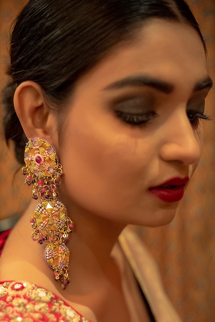 Gold Finish Thread Embroidered Dangler Earrings by KANYAADHAN BY DHIRAJAAYUSHI at Pernia's Pop Up Shop