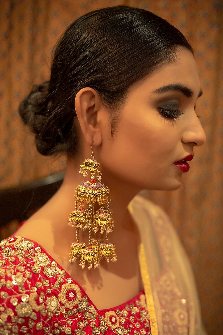 Gold Finish Hand Embroidered Dangler Earrings by KANYAADHAN BY DHIRAJAAYUSHI at Pernia's Pop Up Shop