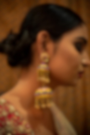 Gold Finish Hand Embroidered Dangler Earrings by KANYAADHAN BY DHIRAJAAYUSHI at Pernia's Pop Up Shop