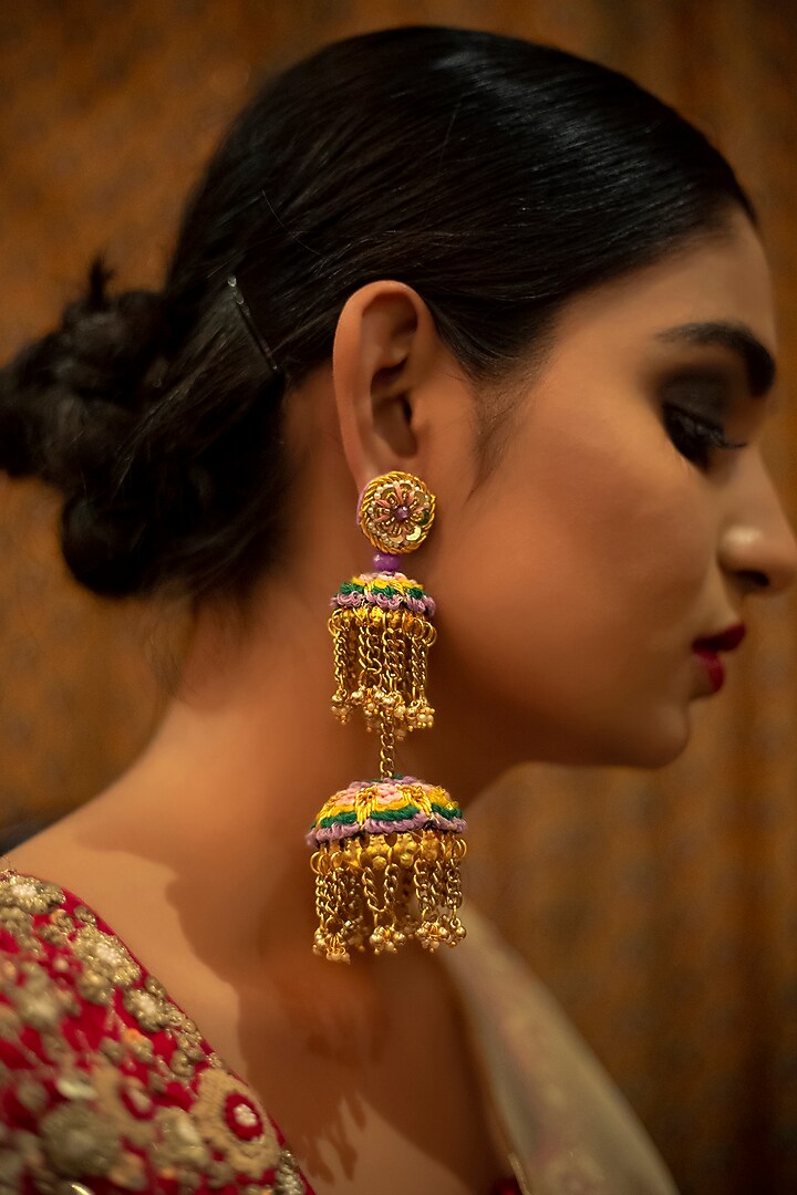 Gold Finish Hand Embroidered Dangler Earrings by KANYAADHAN BY DHIRAJAAYUSHI at Pernia's Pop Up Shop