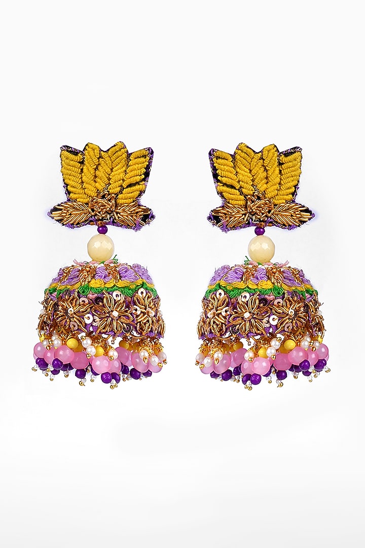 Gold Finish Hand Embroidered Dangler Earrings by KANYAADHAN BY DHIRAJAAYUSHI at Pernia's Pop Up Shop