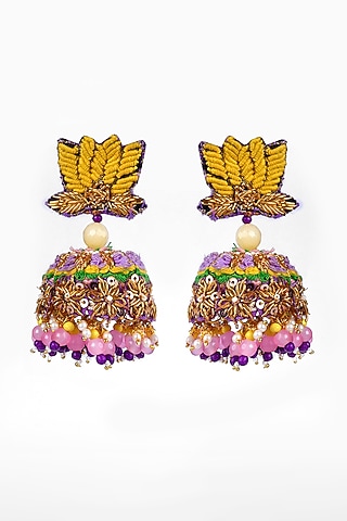 Gold Finish Hand Embroidered Dangler Earrings by KANYAADHAN BY DHIRAJAAYUSHI