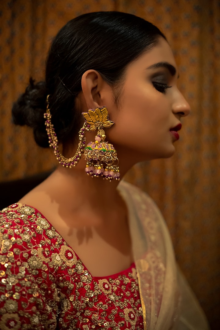 Gold Finish Hand Embroidered Dangler Earrings by KANYAADHAN BY DHIRAJAAYUSHI at Pernia's Pop Up Shop