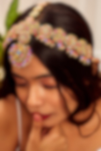 Gold Finish Moti Embroidered Matha Patti by KANYAADHAN BY DHIRAJAAYUSHI at Pernia's Pop Up Shop