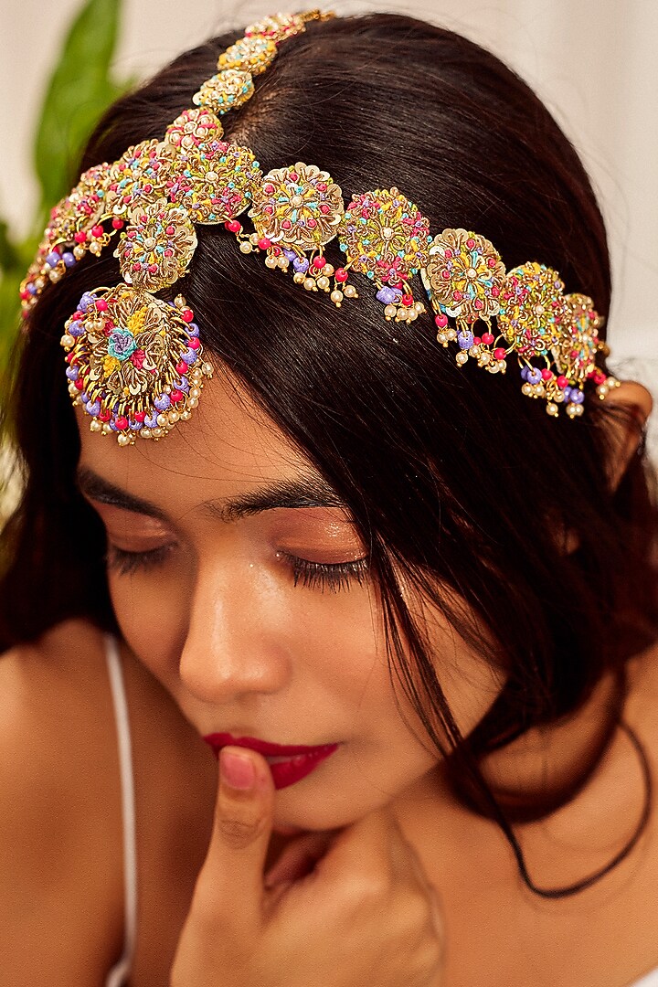 Gold Finish Moti Embroidered Matha Patti by KANYAADHAN BY DHIRAJAAYUSHI at Pernia's Pop Up Shop