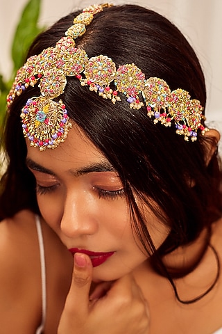 Gold Finish Moti Embroidered Matha Patti by KANYAADHAN BY DHIRAJAAYUSHI