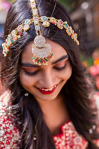 Gold Finish Hand Embroidered Matha Patti by KANYAADHAN BY DHIRAJAAYUSHI