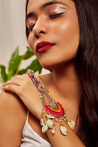 Gold Finish Moti Embroidered Hand Harness by KANYAADHAN BY DHIRAJAAYUSHI