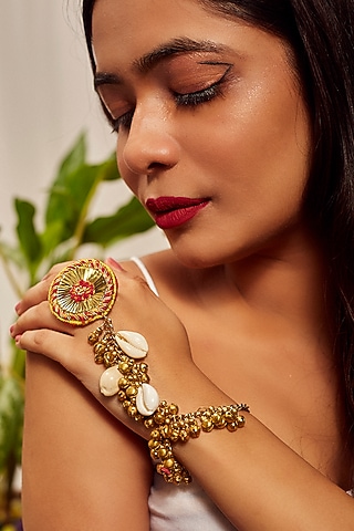 Gold Finish Embroidered Hand Harness by KANYAADHAN BY DHIRAJAAYUSHI
