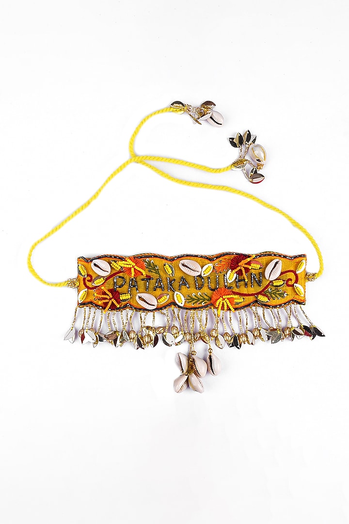 Gold Finish Embroidered Necklace by KANYAADHAN BY DHIRAJAAYUSHI at Pernia's Pop Up Shop